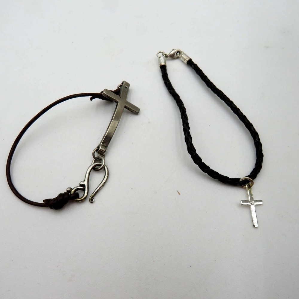 2pc Leather Cord Cross Charm Bracelet Set Braided Brown‎ Black Fashion Jewelry